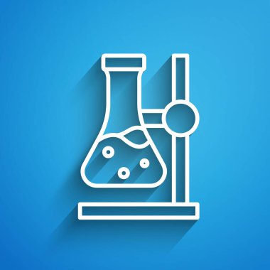 Mavi arka planda beyaz çizgi cam tüp deney tüpü ikonu izole edildi. Laboratuvar ekipmanları. Uzun gölge. Vektör