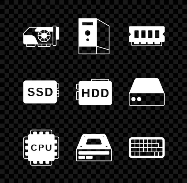 Zestaw Karta graficzna, Skrzynia komputera, pamięć RAM, pamięć losowa, Procesor z procesorem, dysk optyczny, klawiatura, dysk SSD i ikona dysku twardego. Wektor — Wektor stockowy