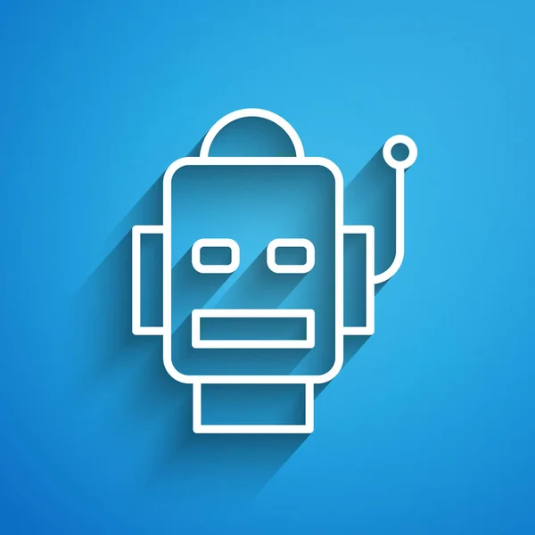 Ligne blanche icône Robot isolé sur fond bleu. Intelligence artificielle, apprentissage automatique, cloud computing. Longue ombre. Vecteur — Image vectorielle