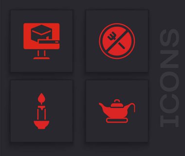 Petrol lambası, Kabe camisi, Ramazan orucu ve yanan mum ikonu. Vektör