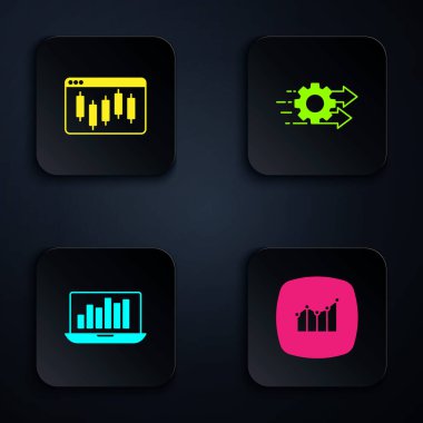 Finansal büyümeyi ayarla, borsada Browser, dizüstü bilgisayar grafiği ve zaman yönetimi. Siyah kare düğme. Vektör