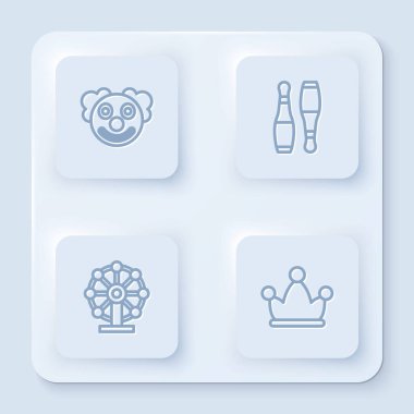 Palyaço kafası, bovling pimi, dönme dolap ve zilli Jester şapkası. Beyaz kare düğme. Vektör