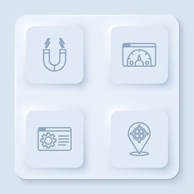 Hat mıknatısı, web sitesi istatistiği, tarayıcı ayarı ve hedefini ayarla. Beyaz kare düğme. Vektör