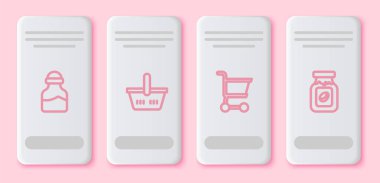 Baharat kutusu, alışveriş sepeti, araba ve kahve kavanozu. Beyaz dikdörtgen düğme. Vektör