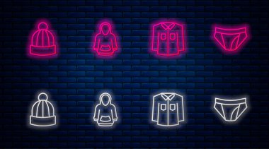 Kapüşonlu, gömlekli, şapkalı ve erkek külotlu. Tuğla duvarda parlayan neon simgesi. Vektör