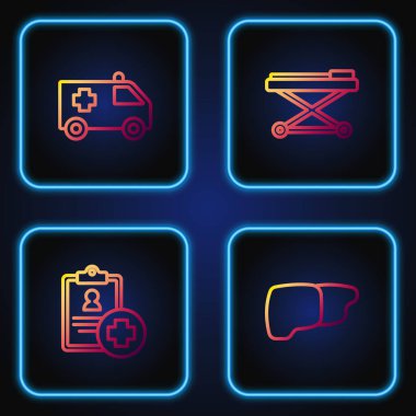 İnsan organı karaciğeri, hasta rekoru, ambulans arabası ve sedye ayarlayın. Renk simgeleri. Vektör