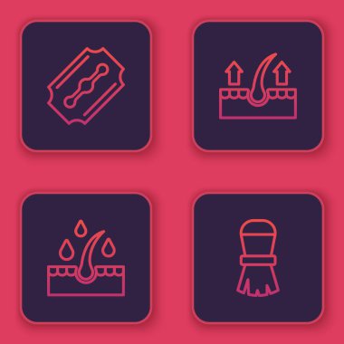 Jilet, saç bakımı için yağ, insan folikülleri ve tıraş fırçası. Mavi kare düğme. Vektör