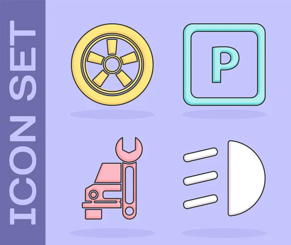 Conjunto de haz de alta, rueda de coche, servicio de coches y el icono de estacionamiento. Vector — Vector de stock