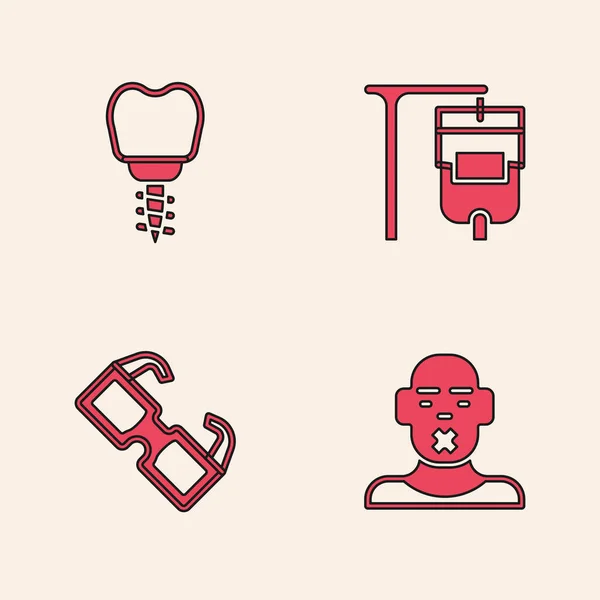 Set Head of deaf and dumb, Dental implant, IV bag and Eyeglasses icon. Vector — Διανυσματικό Αρχείο