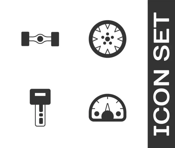 Set Speedometer, Chassis car, remote and Alloy wheel icon 을 장착 한 Car key. Vector — 스톡 벡터