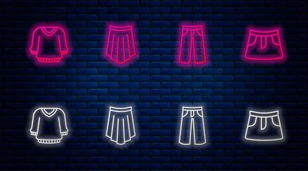 세트 라인 Skirt, Pants, Sweater, and. 벽돌 벽에 네온 아이콘을 그리는 거야. Vector — 스톡 벡터