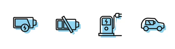 Definir linha estação de carregamento de carro elétrico, bateria fraca, e ícone. Vetor —  Vetores de Stock