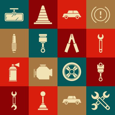 Wrench, motor pistonu, araba, buji, ayna ve batarya şarj güç ikonu ayarlayın. Vektör