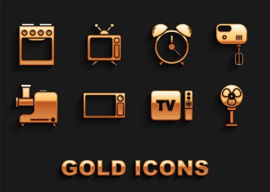 Mikrodalga fırını, elektrikli mikser, vantilatör, TV alıcısı ve uzaktan kumandalı oyuncu, mutfak kıyma makinesi, alarm saati, fırın ve televizyon ikonu. Vektör