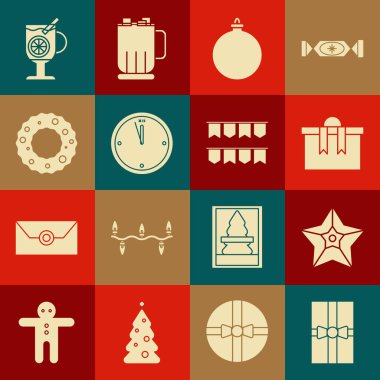 Hediye kutusu, Noel yıldızı, top, saat, çelenk, bir bardak içkili sıcak şarap ve karnaval çelengi ikonu. Vektör