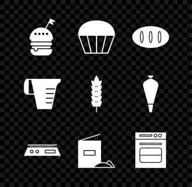 Hamburger, çörek, ekmek somunu, elektronik pullar, un paketi, fırın, ölçü kabı ve pirinç, buğday, mısır, yulaf, çavdar ikonu. Vektör