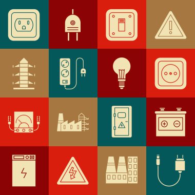 Şarj aleti, araba aküsü, elektrik prizi, elektrik anahtarı, uzatma kablosu, yüksek voltaj elektrik direği hattı, ABD ve fikir ikonu konseptli ampul. Vektör