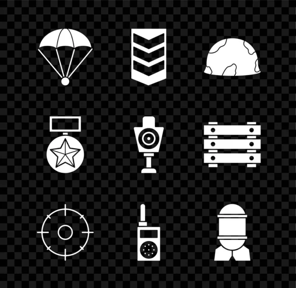 Set Fallschirm, militärischer Rang, Helm, Zielsport für Schießwettbewerbe, Walkie Talkie, Fliegerbombe, Belohnungsmedaille und Ikone für menschliches Ziel. Vektor — Stockvektor
