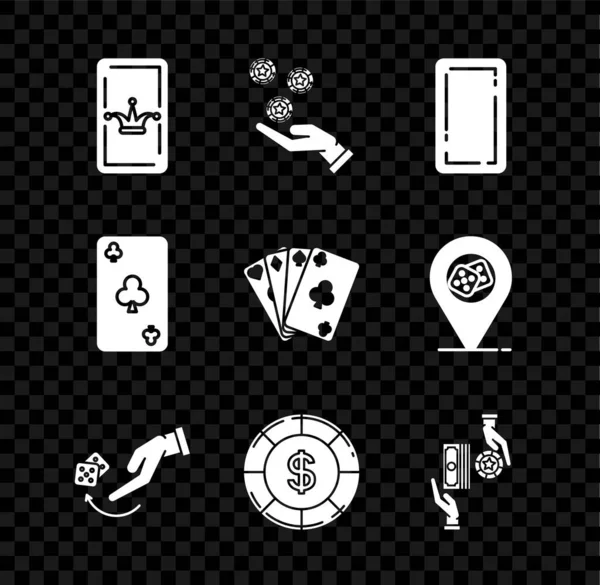조커 플레이 카드, 손에 든 카지노 칩, 재생하기, 인간 손으로 던지는 게임 주사위, 달러 상징으로 카지노, 달러, 클럽, 카드 아이콘으로 교환하기. Vector — 스톡 벡터