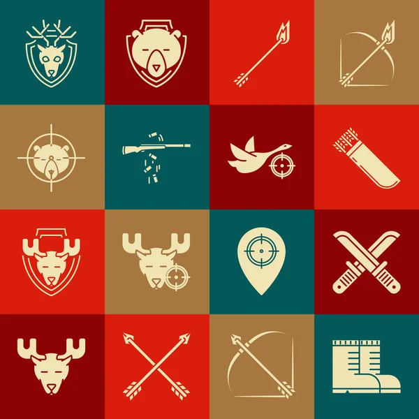 Set Hunter boots, Crossed hunter knife, Quiver with arrows, Flame, Gun shooting, on bear crosshairs, Deer head antlers shield and duck icon. Vector — Stock Vector
