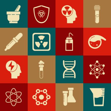 Laboratuvar cam veya deney tüpü, atom, test tüpü ve matara kimyasalı, insan kafa radyasyonu, radyoaktif, Pipette, havan topu ve çamaşır şişesi ikonu ayarlayın. Vektör