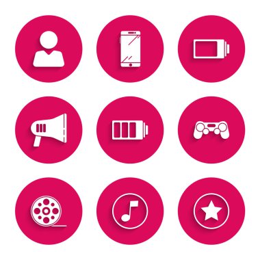Batarya şarj seviyesi göstergesi, müzik notası, ton, Star, Gamepad, Film makarası, Megaphone ve arkadaş simgesi ekle. Vektör