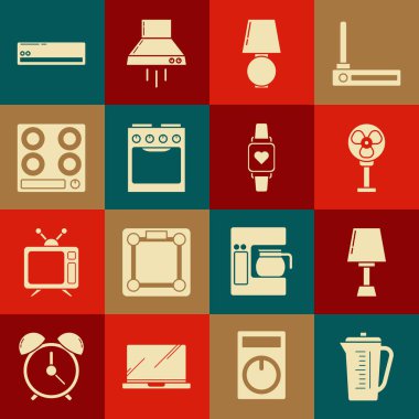 Ölçme kabı, masa lambası, elektrikli vantilatör, fırın, gaz ocağı, klima ve kalp atışı ikonunu gösteren akıllı saat. Vektör