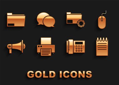 Yazıcı, Bilgisayar faresi, Not Defteri, Telefon, Megaphone, Dizin ayarları, Belge dizini ve Konuşma balonu sohbet simgesini ayarla. Vektör