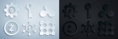 Blockchain teknolojisi Ethereum ETH, Crypto döviz sikkesi Ripple XRP, Zcash ZEC, Bitcoin anahtarı ve simge ayarla. Vektör