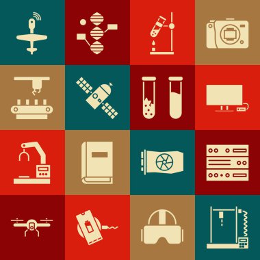 3D yazıcı, Server, Data, Web Sunuculuğu, Smart Tv, test tüpü şişesi, uydu, fabrika taşıma sistemi kayışı, İHA ve simge ayarlayın. Vektör