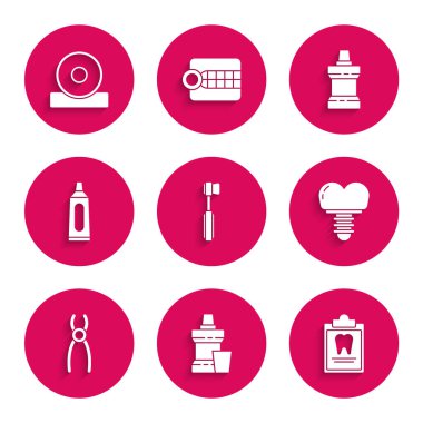 Diş fırçasını, ağız gargargarasını, diş kartlı panoyu, diş implantı, pense, diş macunu tüpü ve Otolaryngological baş yansıtıcı ikonu ayarla. Vektör