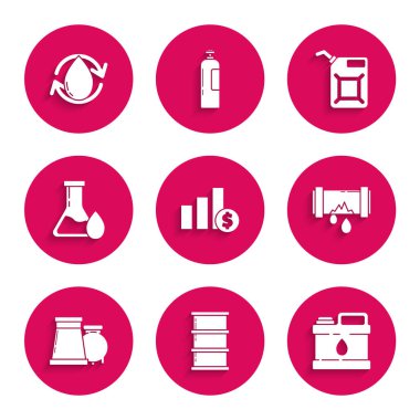 Turta grafiği bilgisini ve doları, motor makinesi için teneke kutuyu, sızdıran suyu olan kırık metal boruyu, petrol gazı fabrikası binasını, benzin test tüpünü, benzini ve ikonu ayarla. Vektör