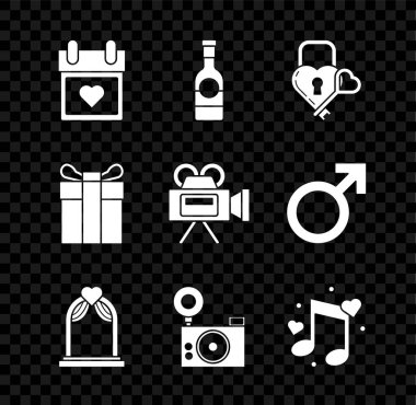 Takvimi kalple ayarlayın, şampanya şişesi, Castle formda ve anahtar şeklinde, düğün kemeri, fotoğraf makinesi, müzik notası, ton kalpleri, hediye kutusu ve sinema ikonu. Vektör