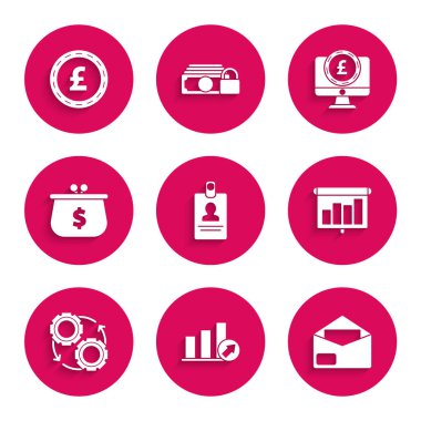 Kimlik kartı, bilgi grafiği, pasta grafiği, zarf, tahta, dişli ve okları iş akışı süreci konsepti, cüzdan dolar sembolü, bilgisayar monitörü sterlin sterlini ve madeni para simgesi olarak ayarla. Vektör