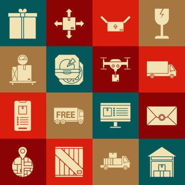 Depo, Zarf, kargo kamyonu, trafik sembollü karton kutu, kartondan pizza, Pul, Hediye ve İHA ikonunu ayarla. Vektör