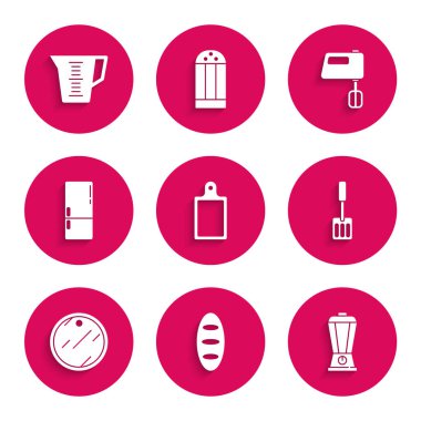 Kesme tahtası, ekmek somunu, blender, Spatula, Buzdolabı, Elektrik karıştırıcı ve Ölçme kabı simgesi. Vektör