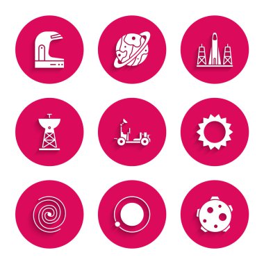 Mars gezgini, uydular Dünya, Gezegen, Güneş, Kara delik, çanak, uzay limanı ve astronot miğferi ikonundan roket fırlatma yörüngesine girin. Vektör