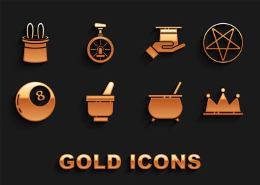 Sihirli havan topu ve tokmak, daire şeklinde pentagram, taç, cadı kazanı, kehanetler topu, sihirbaz şapka eli, tavşan kulağı ve tek tekerlekli bisiklet ikonu. Vektör