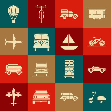Scooter, Sedan Car, Bisiklet, Teslimat Kargo Aracı, Retro minivan, Uçak, Sıcak Hava Balonu ve Yat yelkenlisi veya yelkenli ikonu. Vektör