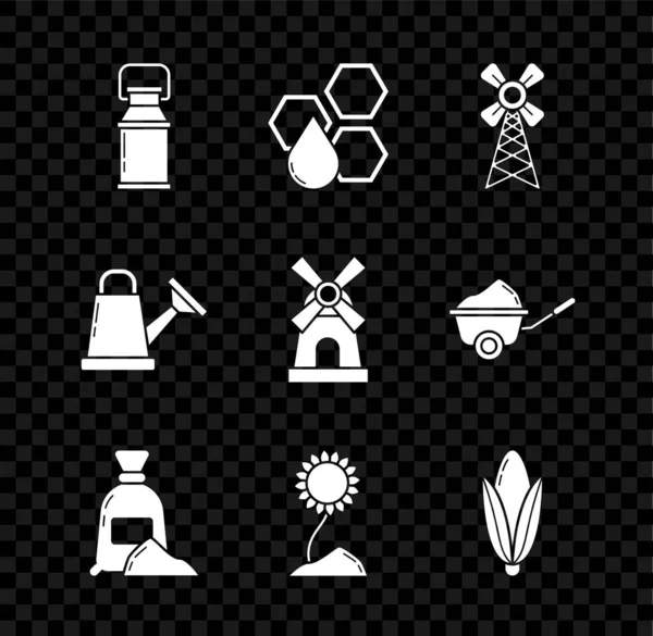 Set envase de lata para leche, panal, molino de viento, bolsa de harina, girasol, maíz, regadera e icono. Vector — Vector de stock