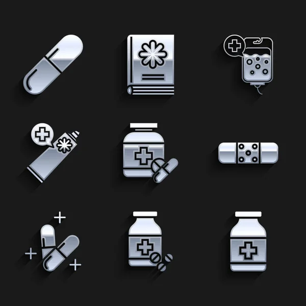 Set frasco de medicamentos y pastillas, vendaje yeso, o tableta, ungüento crema tubo medicina, bolsa IV y el icono. Vector — Archivo Imágenes Vectoriales