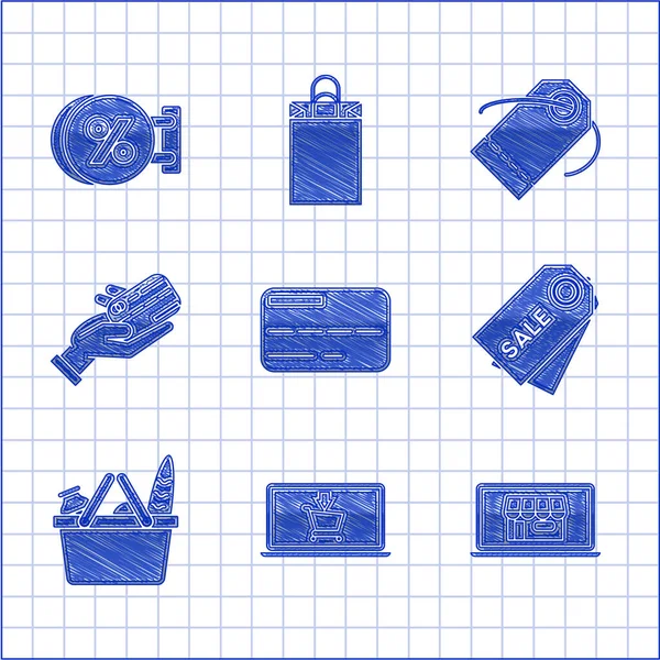 신용 카드, 빌딩, 가격 태그에 슬라이스, 바구니, 음식, 사람 손에 들고 있는 신용 카드, 블랑 레이블 템플 릿 가격, 할인율을 표시하는 시그 보드등 이 있다. Vector — 스톡 벡터