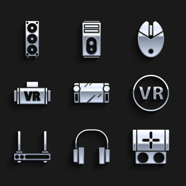 Impostare console portatile per videogiochi, cuffie, occhiali di realtà virtuale, Router e segnale wi-fi, Computer mouse gaming e icona altoparlante stereo. Vettore — Vettoriale Stock