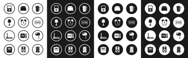 Set Meetbeker, Tafellamp, Muziekspeler, Digitaal alarm, Toaster met toastjes, Elektrische mixer en Router en wi-fi signaalpictogram. Vector — Stockvector