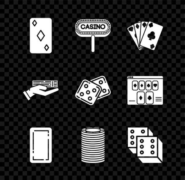 Juego de cartas con el símbolo de diamantes, Casino letrero, cartas, espalda, fichas, dados de juego, la mano de la celebración de la baraja de juego y el icono. Vector — Vector de stock