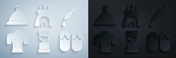 Set Alte Sanduhr, Pipette, Massage, Flip Flops, Aromakerze und Saunahut-Symbol. Vektor — Stockvektor