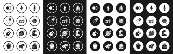 Set Transbordador espacial y cohetes, Mars rover, Satélite, Eclipse of the sun, Planet Venus, Astronaut, helmet and Satellites orbiting planet Earth icon. Vector — Archivo Imágenes Vectoriales