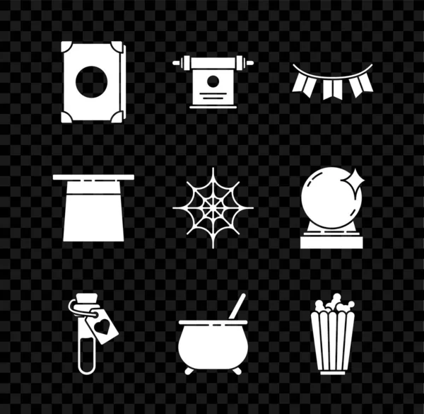Ορισμός Αρχαίο μαγικό βιβλίο, Μαγικό πάπυρο, Καρναβάλι γιρλάντα με σημαίες, μπουκάλι φίλτρο αγάπης, Μάγισσα καζάνι, Popcorn σε κουτί, Μάγος καπέλο και Spider web εικονίδιο. Διάνυσμα — Διανυσματικό Αρχείο