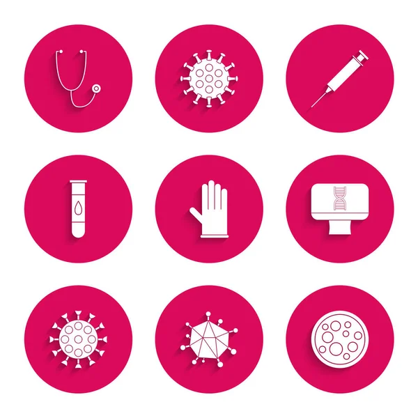 Встановити медичні гумові рукавички, Вірус, спіраль ДНК і комп'ютер, тест на кров, ікону Syringe і Stethoscope. Вектор — стоковий вектор