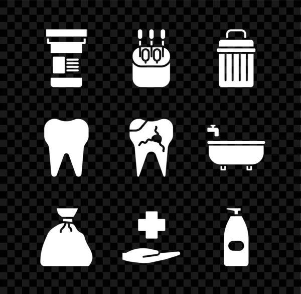약병, 귀를 위한 면화 조각, 쓰레기 봉지, 쓰레기 봉투, 크로스 병원, 액체 안티 박테리아 비누 병, 치아 와 부러진 이빨 아이콘. Vector — 스톡 벡터